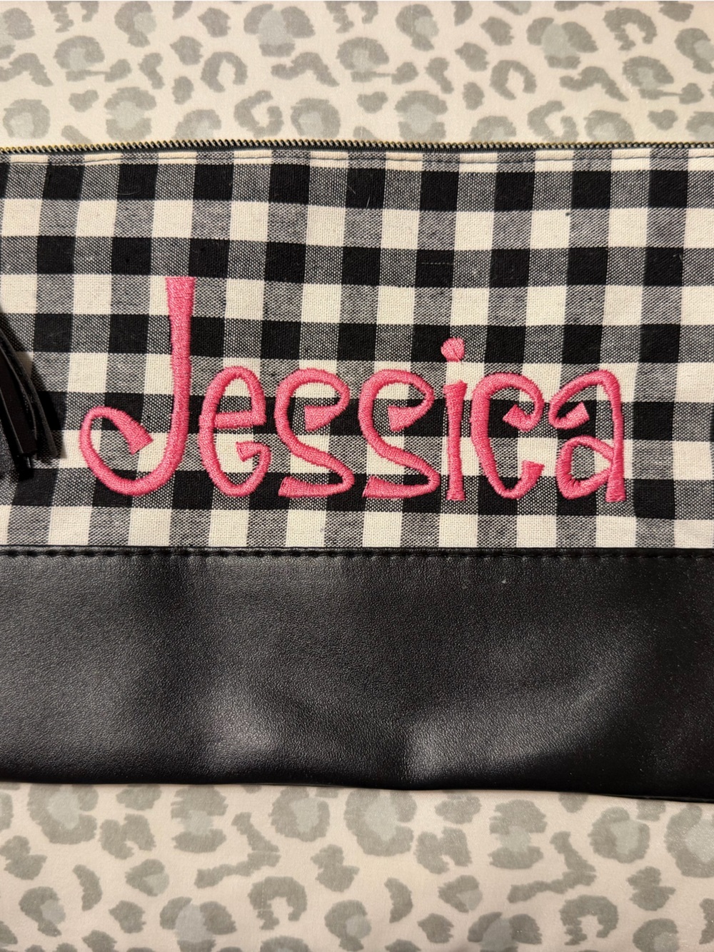 Personalized Black & White Gingham Travel Clutch with Pink Embroidery